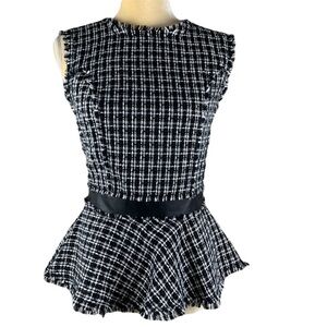 Black Black & White Check Peplum Full Zip Back Top Size Small